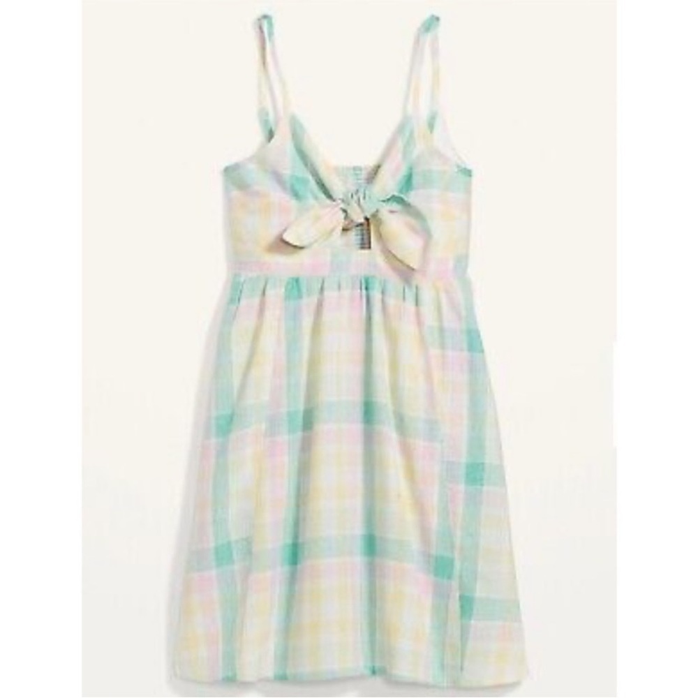 NEW! Old Navy- Yellow Blue Pink Plaid Spaghetti Strap Self Tie Mini Dress NWT